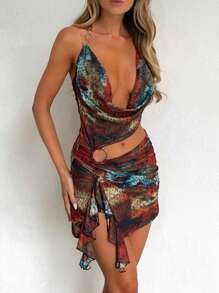 Women Y2k Halter Mini Dress Sexy Bech Vacation Short Dress Sleeveless Backless Tie Dye Leopard Cami Dress Waist Cutout Mesh Floral Dress Bodycon Hollow Out Summer Beach Dress Clubwear For Party Night - 彩色 - 查看 1