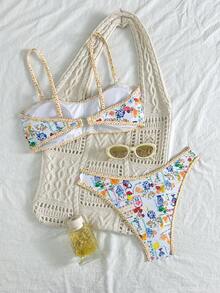 两件套女士印花搭配平胸比基尼，可拆卸肩带适合海岛度假摄影