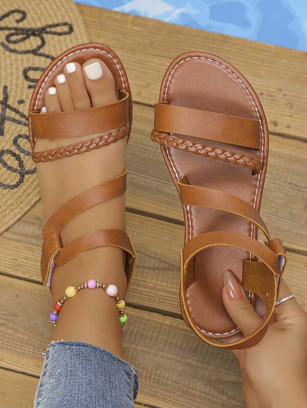 Damen Geflecht Dekor Flache Sandalen, Lässig Stil Klettverschluss Sandalen