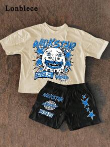 Lonblece 2 件套男士印花短袖图案 T 恤和透气短裤，适合春夏季休闲日常穿着 - 彩色 - 查看 1