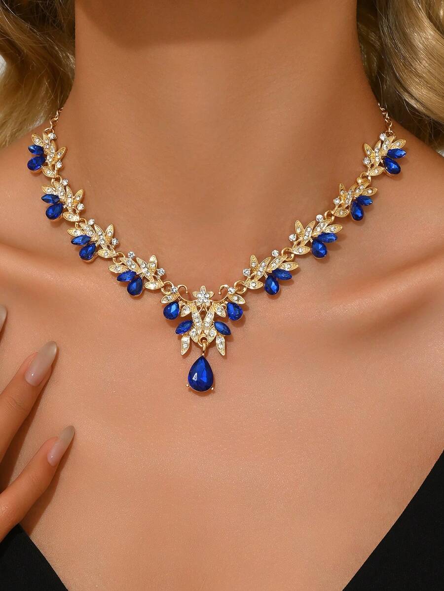 1pc Fashionable & Elegant Crystal & Rhinestone Pendant Necklace, Women Jewelry, Bridal Accessory For Party, Event, Gift - biru keemasan - View 1