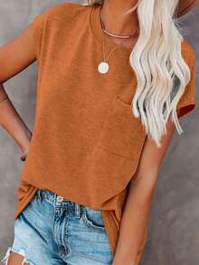 Women's Solid Color Batwing Sleeve T-Shirt Summer Loose Fit Casual Tops Pocket Patched Tee