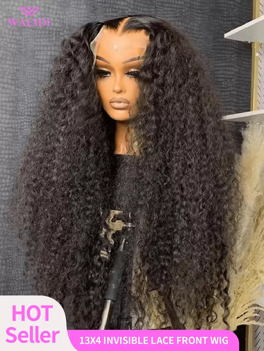 WALSDI 湿波浪卷发假发蕾丝前假发，200% 密度预拉卷发波浪柔软透气高品质发侧中分假发