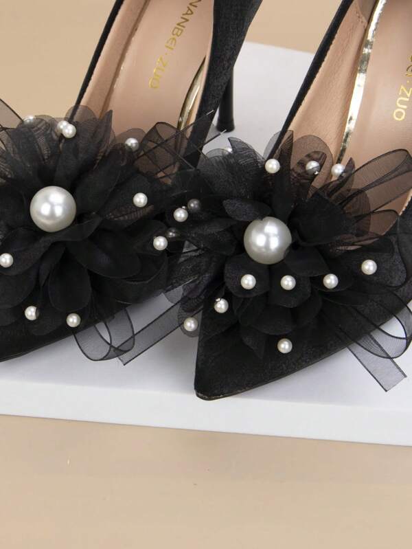 2 Pieces Elegant Black Floral Pearls Detachable Shoe Clips With Ruffle Net Bowknot Twist Design, Suitable For Wedding And Party High Heels, Shoe DIY Accessories