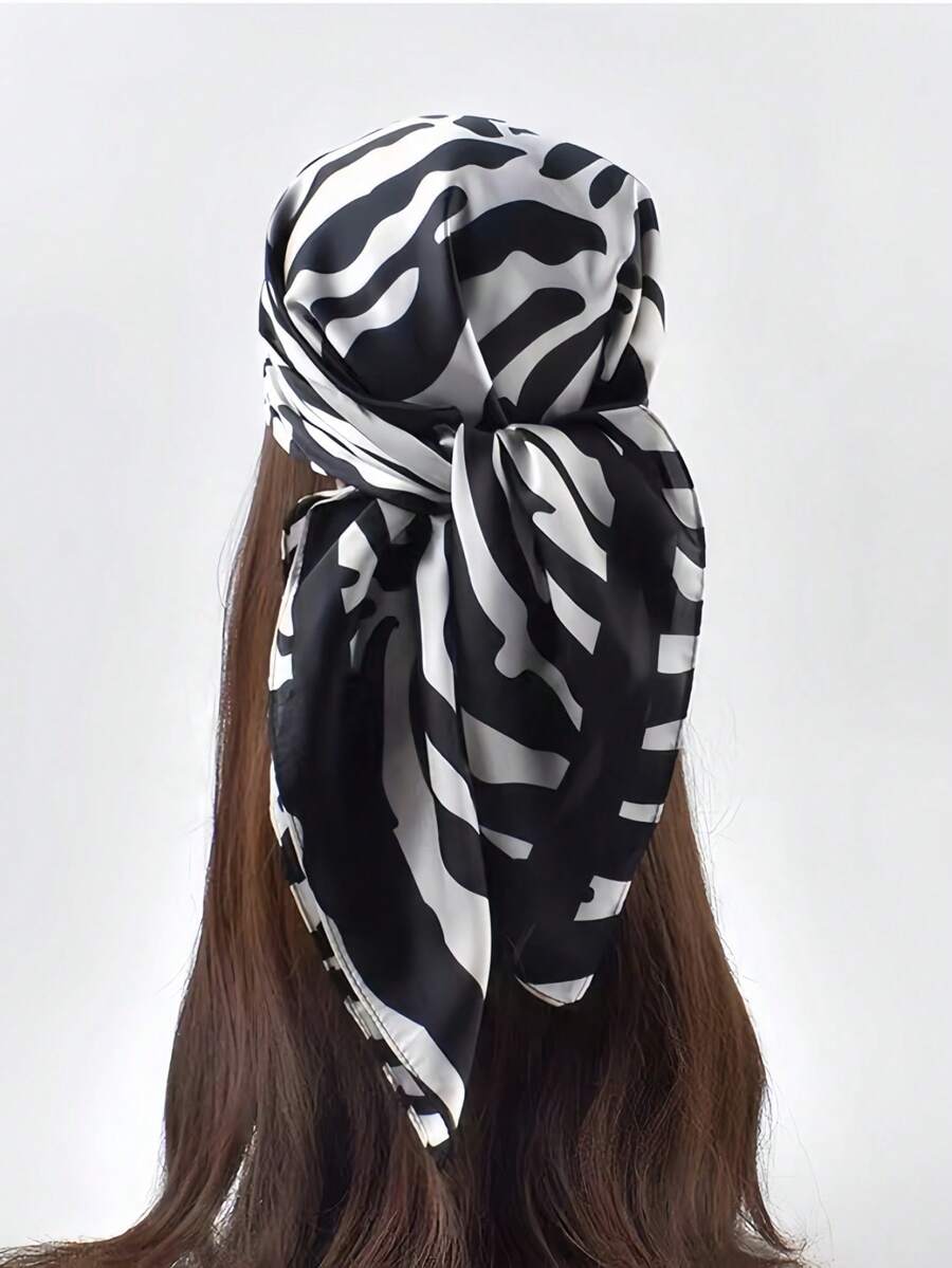 1pc Square Satin Paisley Print Women's Headscarf Scarf Bag Accessory - Black and White Zebra - View 1
