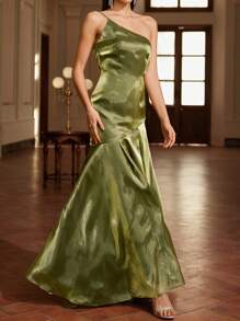 女士纯色不对称肩部激光切割修身美人鱼连衣裙，绿色，圣诞派对