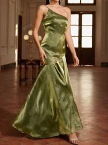 Women Solid Color Asymmetrical Shoulder Bodycon Mermaid Party Dress, Summer, Wedding Guest Dress, Prom Dress