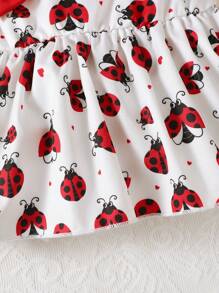 Conjunto de 3 peças de vestido de joaninha fofo com manga curta e babados, top e shorts de tecido misto de cor sólida com faixa na cabeça, roupa casual - Vermelho - Ver 6