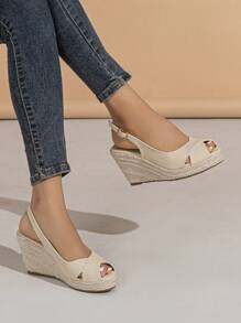 2025 Thời trang nữ màu trơn bện rơm đi biển du lịch đế xuồng đa năng hở mũi dép xăng đan - Màu be - Xem 4