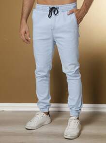 Men's Jogger Pants Twill With Elastic Waist Cuffs - 淺藍色 - 查看 1