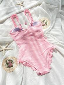 Costume da bagno intero da donna in stile romantico primaverile, in tessuto jacquard rosa, con spesse spalline e design con aperture sulla scollatura