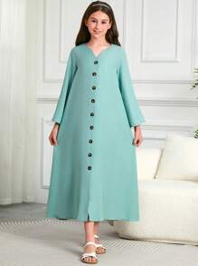 Tween Girl Arabic Retro Style Long Button Down Abaya Dress - Green - View 5