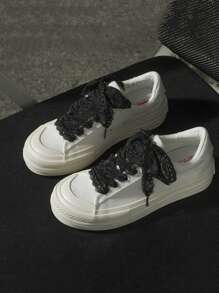 1 双女士黑色蕾丝蝴蝶结镂空鞋带，长度 120 厘米，小众韩式装饰配件，适用于运动鞋、休闲鞋、平底鞋、帆布鞋、婚鞋等 - 黑色蕾絲120cm - 查看 5