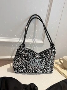 1 件银色亮片顺滑拉链休闲纯色手提包，用途广泛，适合女性日常使用 - 銀色 - 查看 10