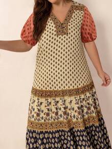 2025 Spring And Summer Multicolor Casual Elegant Floral Print V-Neck Short Sleeve Loose Plus Size Dress Beach Vacation Music Festival - Orange - View 8