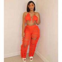 Two Piece Outfits For Women Bikini Swimsuits Beach Cover Up Crochet Tassels Halter Top Long Pants Set