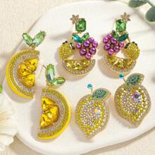 6 peças Brincos de frutas em liga de óleo de limão com strass, adequados para mulheres no dia a dia e nas férias de verão - Multicolorido - Ver 7