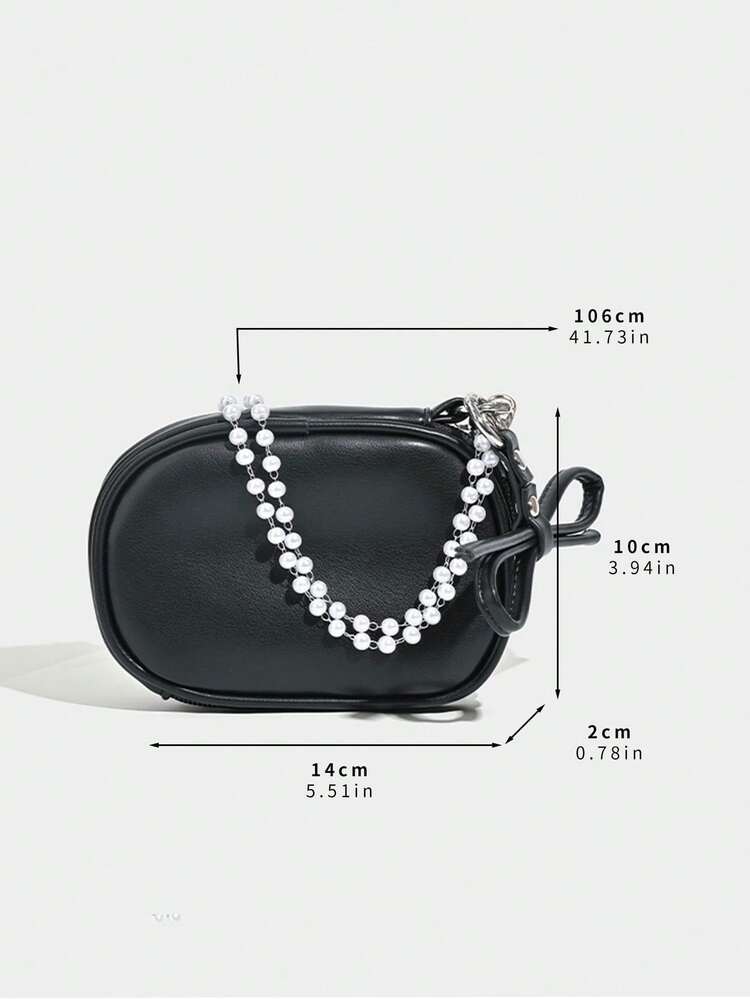 Women Fashion Urban Minimalist Handbag, Outdoor Casual Multi-Functional Commuter Tote, Large Capacity Shoulder Bag Combo With Detachable Pearl Chain Small Pouch - Black - View 5