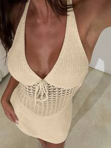 Summer Women Elegant Hollow String Tie Cover-Up Dress, Beach Vacation