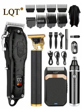  LQT 专业无绳理发器 4 合 1 套装，可调节多功能毛发修剪器，带往复式电动剃须刀 - 鬓角修剪器、鼻毛修剪器、USB 充电式、沙龙和家庭选择、父亲节礼物