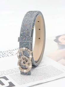 1pc Women's Rhinestone Heart Decor Shiny PU Leather Belt, Cute For Party Dress & Jeans - Multicolor - View 5