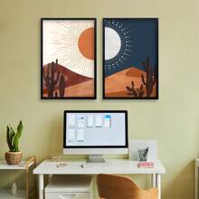 2pcs Sun And Moon Cactus Desert Landscape Wall Art Decor Modren Farmhouse Living Room Botanical Prints Bedroom Boho Multicolor MinimalNO Frame