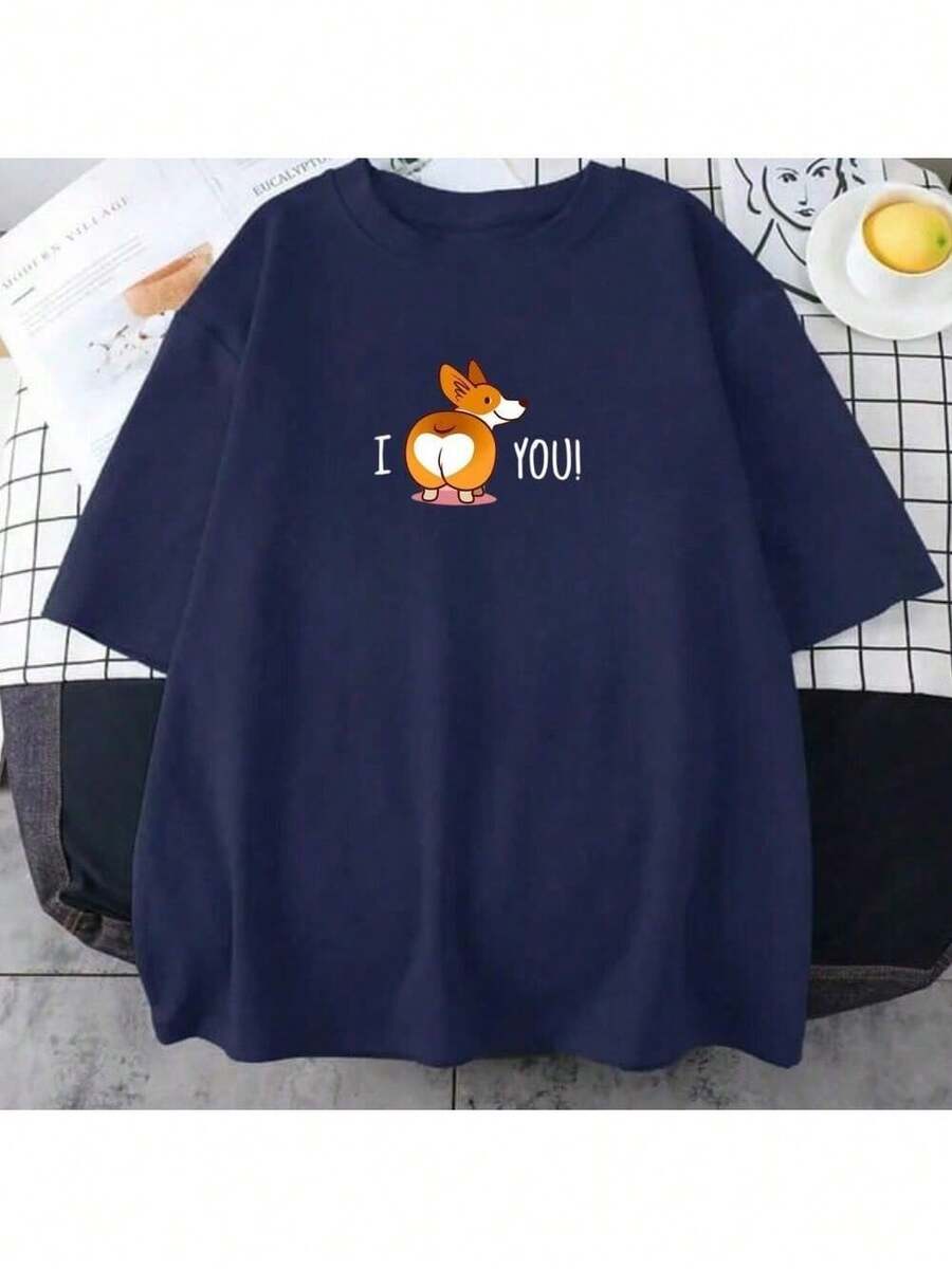 I Love You T-Shirt Cute Dog Shirt Blouse Unisex Men Women 100% Cotton Top Premium Streetwear New Release Various Colors!! Plus Size - 藏蓝色 - 查看 1