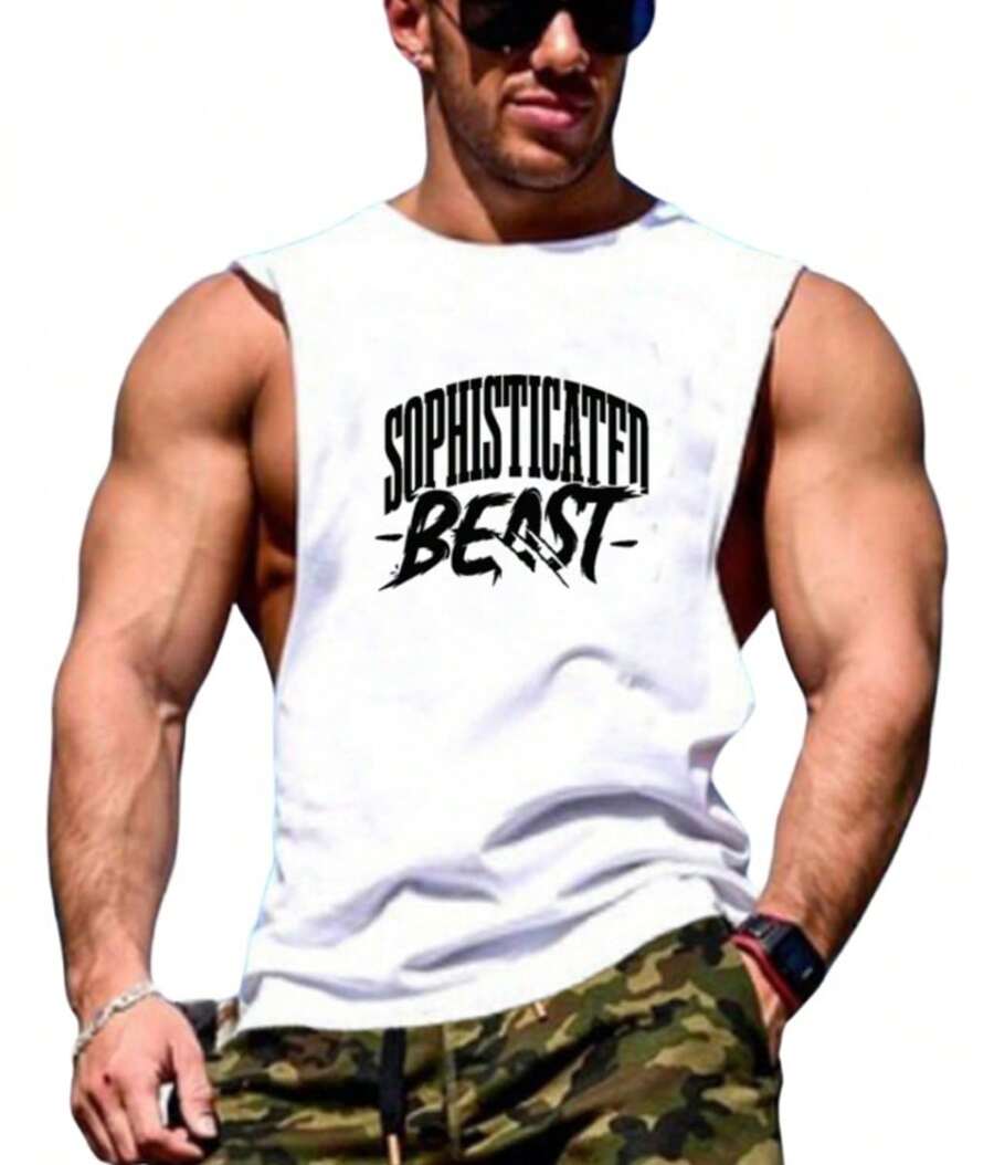 Playera Olimpica Estampado Gym Hombre Masculino Camiseta Ejercicio sin Manga - Blanco - Ver 1