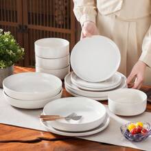 MALACASA 16-Piece Porcelain Dinnerware Set, Plates And Bowls For 4 People - White And Khaki