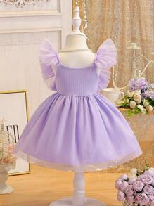 Đầm công chúa chữ A lưới cổ vuông viền bèo nhún dễ thương cho bé gái, thời trang đa năng ngọt ngào, thích hợp mặc hàng ngày, dự tiệc, đi chơi, xuân/hè - Màu tím - Xem 3