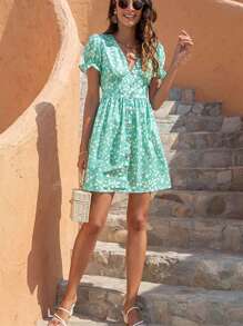 Summer New Ditsy Floral Bohemian Casual Button Front Pleated Hem Beach Dress