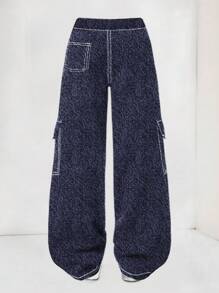 1pc Tween Girls Casual Loose Outdoor Sports Exercise Denim Effect Multi-Pocket Straight Leg Pants, Spring/Summer/Autumn/Winter - Blue - View 5