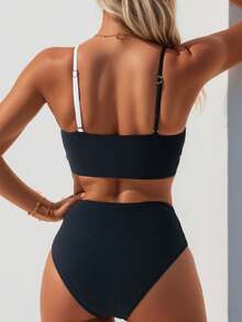 1pc Women Two-Tone Sexy Bikini Set - Black - View 2