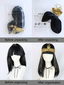 Peluca negra de estilo egipcio de longitud media y recta para mujer con accesorios de cabeza de serpiente para disfraz de fiesta de Halloween, peluca de reina, peluca de personaje de película de tema retro y atrevido de 18 pulgadas de largo con flequillo recto para vacaciones, carnaval, concierto, fotografía, Comic Con, Navidad, Año Nuevo y decoración