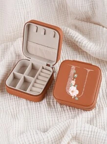 1pc Caixa de joias rosa com flores rosas, caixa de joias de viagem da moda com letras de ouro rosa, caixa de joias de viagem de presente personalizada, presentes de aniversário para mulheres, presentes de Natal para meninas adolescentes, iniciais, caixa de joias de viagem A-Z
