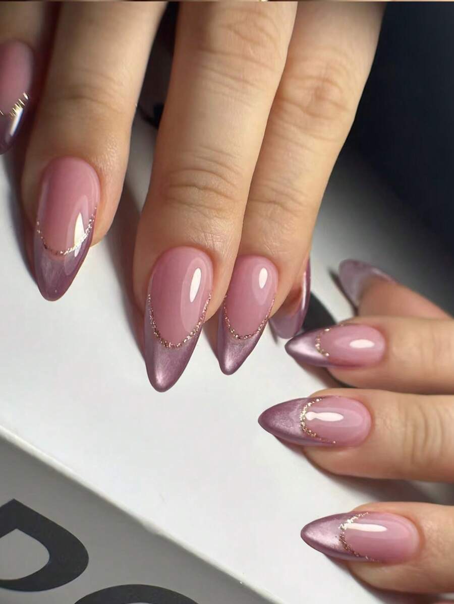 24片Y2K亮面美学水晶粉色猫眼亚克力杏仁法式美甲闪粉设计按压式美甲套装，包含：1片果冻凝胶和1个指甲锉，葡萄紫色猫眼美甲适合女性和女孩日常佩戴，以及锐舞派对美甲配件 - 彩色 - 查看 1