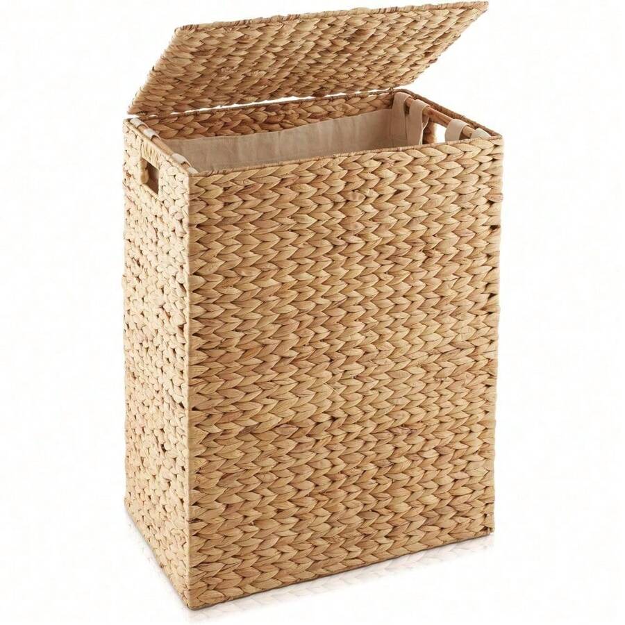 Natural Woven Water Hyacinth Large Laundry Hamper - With Lid, Removable Liner Bag, For Clothes And Towels Sorting