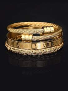 3pcs/Set Men's Retro Roman Letter Cable Knit Mesh Stainless Steel Bracelet Set - Gold - View 10