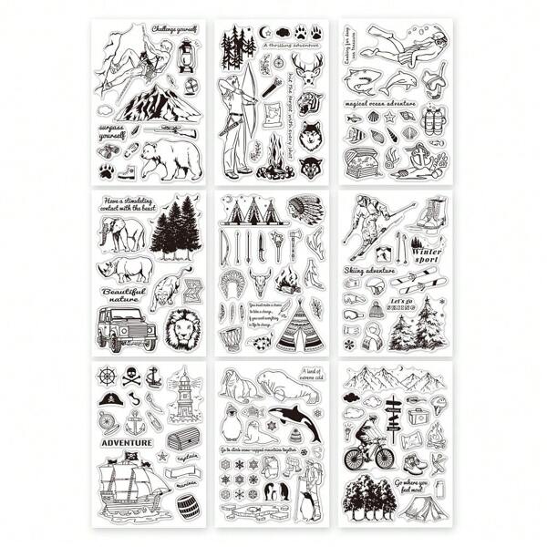 MAGICALCUTDIE 1set 9Sheets PVC Plastic Stamps For Scrapbooking Photo Album Tive Cards Making Stamp Sheets Outdoor Adventure Mixed Patterns 16x11x0.3cm 9Sheets/Set