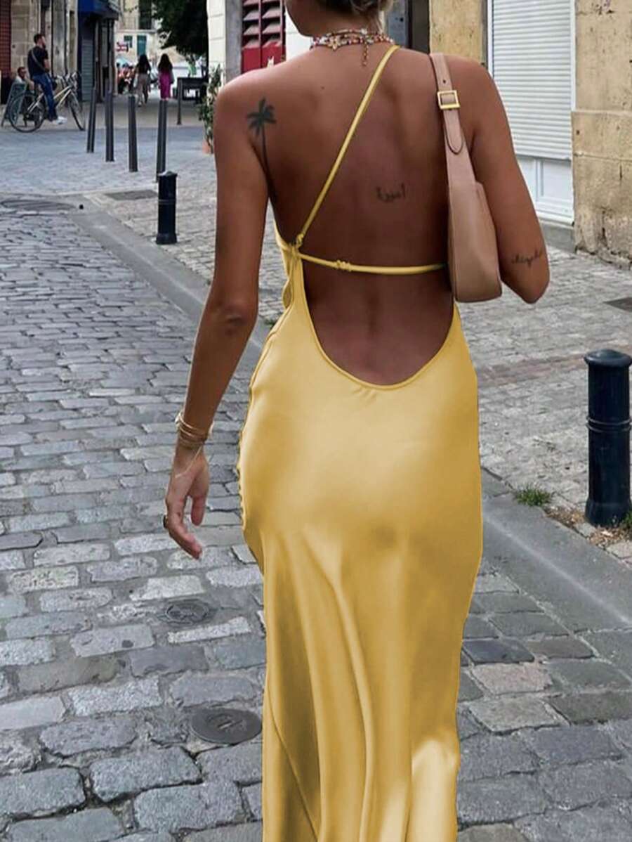 UREREM Đầm Maxi Satin hở vai hở đùi màu trơn thanh lịch - Màu vàng - Xem 1