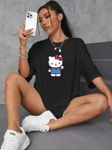Hello Kitty 女款 T恤、睡衣、趣味上衣、度假夏季穿搭、趣味睡眠襯衫、服飾、睡袍、家居休閒圖案 T恤 - 黑色 - 查看 3