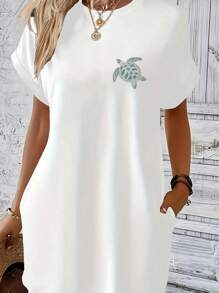 Green Turtle Print, White Short-Sleeved Dress, Casual Dress
