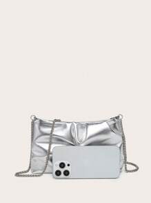 Women's Square Shoulder Bag, Pleated PU Leather, Cracked Texture, Metal Chain, Lightweight & Fashionable, Suitable For Outings And Shopping - Silver - View 2