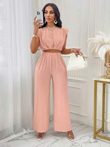Amarilo Women's Casual Solid Shoulder Pad Round Neck Cropped Top & Wide Leg Pants Set - Pink - View 4