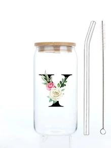 1 buc. Flori imprimate 3D, litere negre, ceașcă de sticlă cu capac, paie și perie cu paie, 16 oz, sticlă de apă, reutilizabilă, simplă, transparentă, de băut pentru lapte, ceai, petrecere, cafea, personalizată, creativă, utilizare în aer liber
