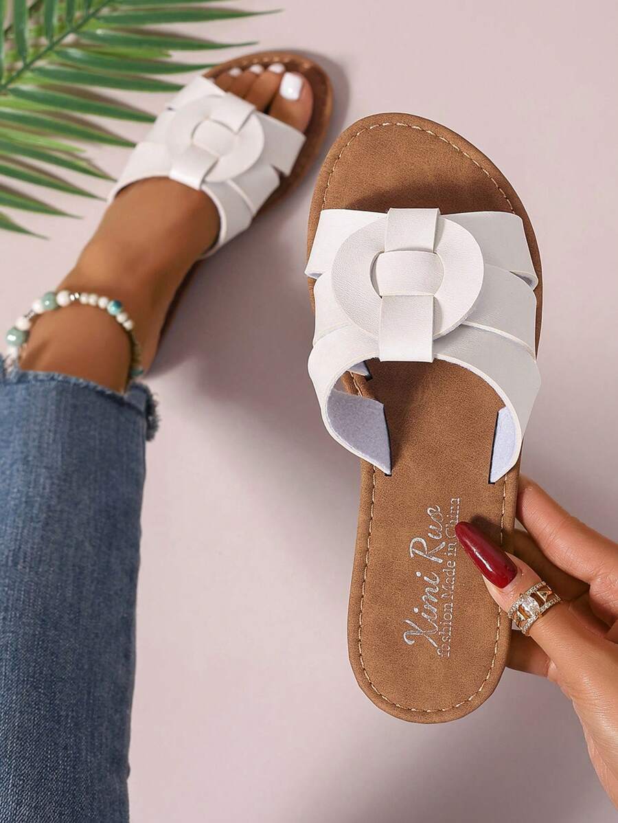 韩版休闲平底一脚蹬凉鞋，女式夏季露趾编织罗马凉鞋，时尚适合连衣裙、沙滩、公寓装，棕色 - 白色 - 查看 1
