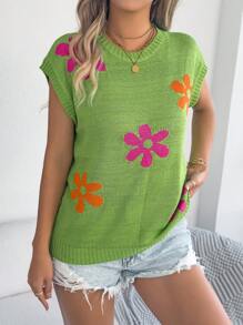 Spring & Summer Casual Floral Patchwork Drop Shoulder Knit Top Vacation - Green - View 5