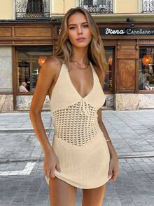 Summer Women Elegant Hollow String Tie Cover-Up Dress, Beach Vacation