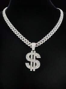 1pc Unisex Dollar Shape Pendant Necklace, Classic Retro Punk Style For Everyday Or Party Wear, 2 Chain Styles Available - Silver - View 9