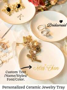 Personalized Text Pattern Ceramic Jewelry Tray, Mr Mrs Ring Dish Personalized Wedding Ring Dish Custom Jewelry Ceramic Trinket Tray With Name Engagement Ring Holder Wedding Gift Decor For Couple Bride Friend,Chic Autumn - White - View 2